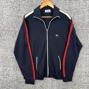 Vintage Izod Lacoste Jacket Mens XL Blue Track Full Zip Stripe Knit Retro 80s
